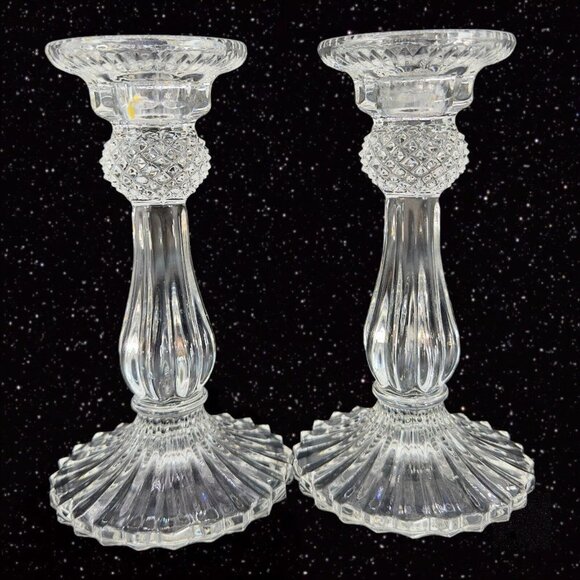 1980s Clear Crystal Diamond Point Candle Stick Holder Set 2 Candle Holder VTG - Picture 1 of 15